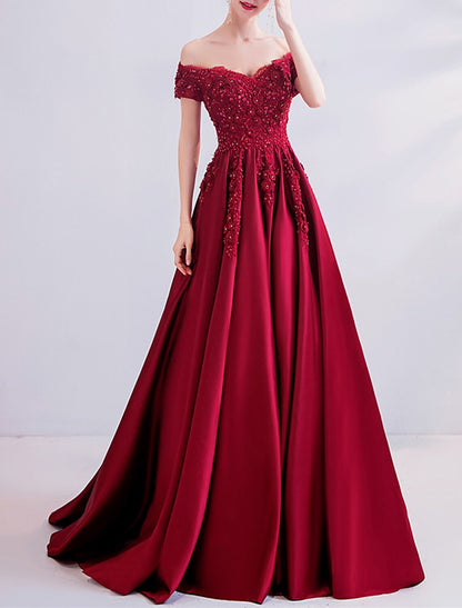 A-Line Sexy Engagement Formal Evening Dress Off Shoulder Short Sleeve Sweep / Brush Train Lace with Pleats Beading