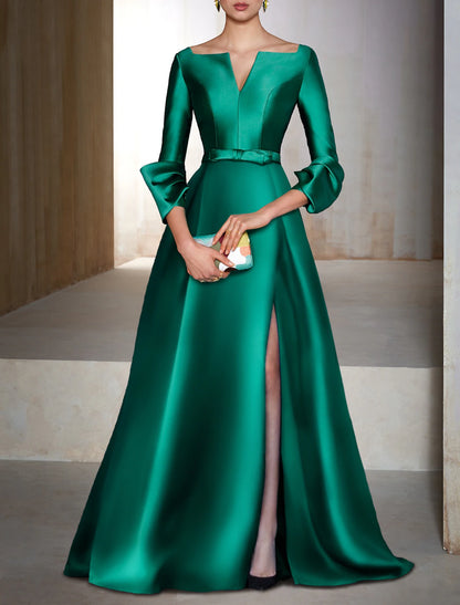 A-Line Evening Gown Elegant Dress Formal Cocktail Party Floor Length Long Sleeve V Neck Wedding Guest Satin