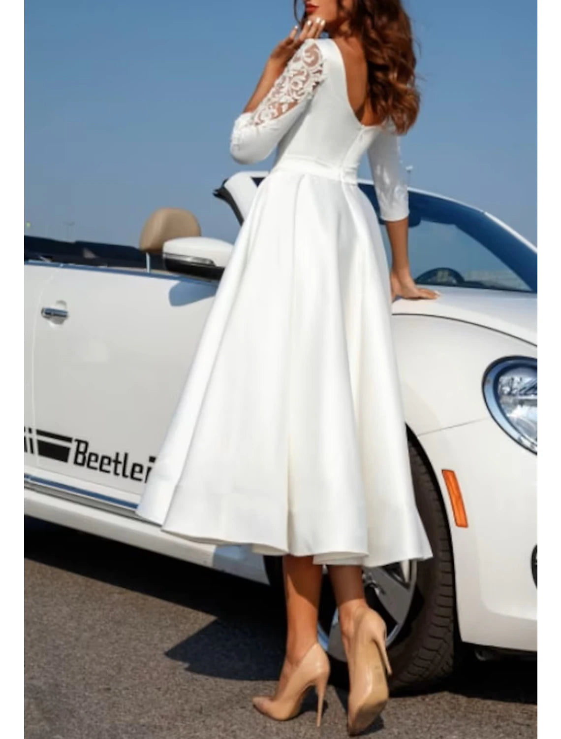 Bridal Shower Little White Dresses Wedding Dresses A-Line Scoop Neck Half Sleeve Tea Length Satin Bridal Gowns With Appliques Solid Color