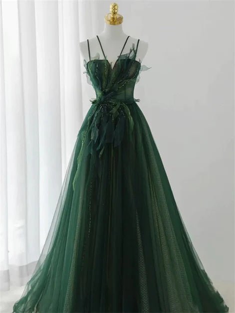 Charming dark green long beaded sequins A-line evening dress party dress, dark green shoulder strap sleeveless backless and floor length evening dress