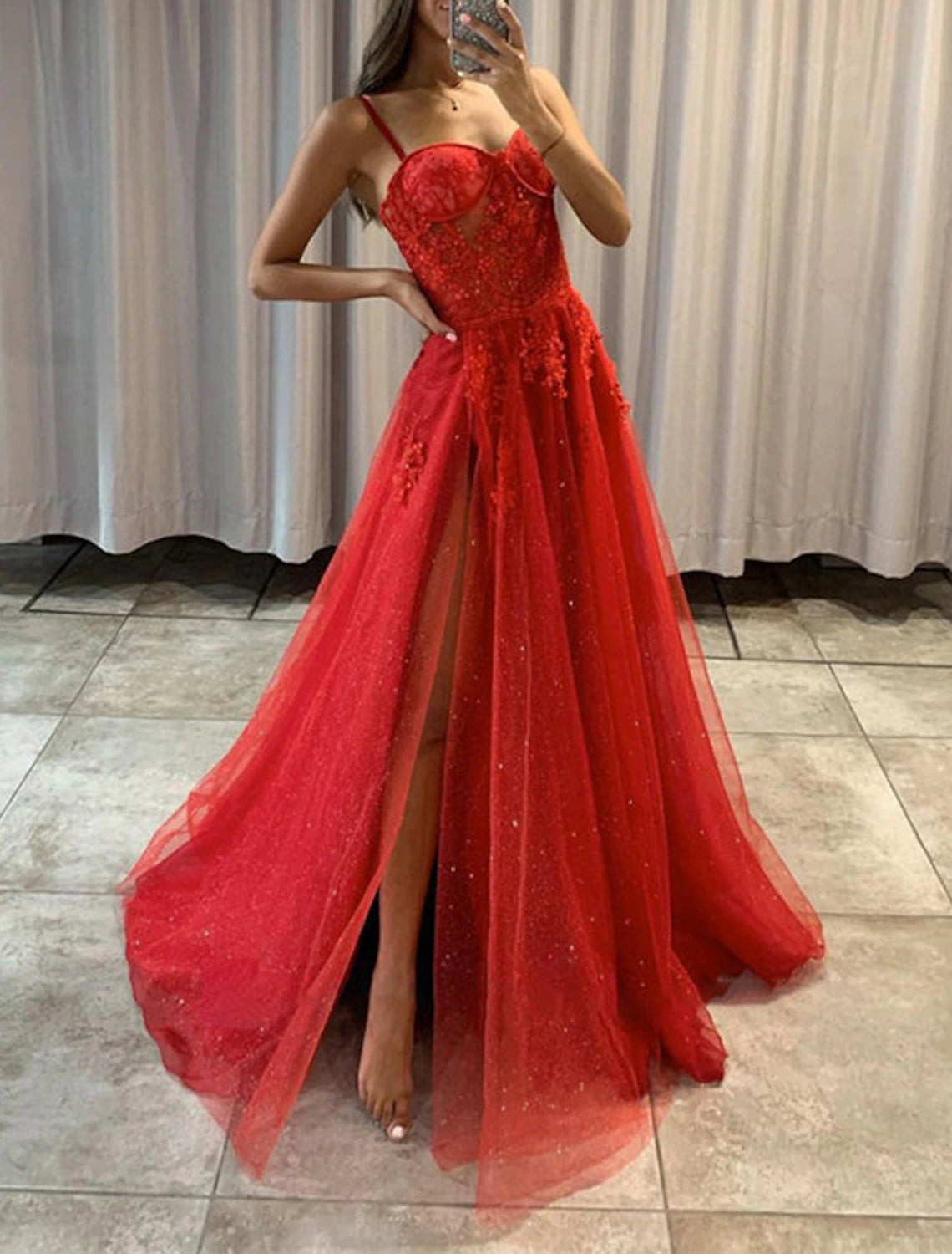 A-Line Prom Dress Red Green Dresses Corsets Dress Formal Wedding Party Sweep / Brush Train Sleeveless Spaghetti Strap Tulle with Slit Appliques