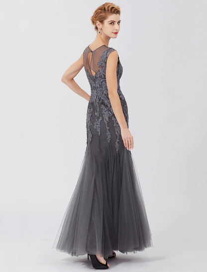 Mermaid / Trumpet Mother of the Bride Dress Classic & Timeless Elegant & Luxurious See Through Illusion Neck Floor Length Lace Tulle Sleeveless with Pleats Appliques