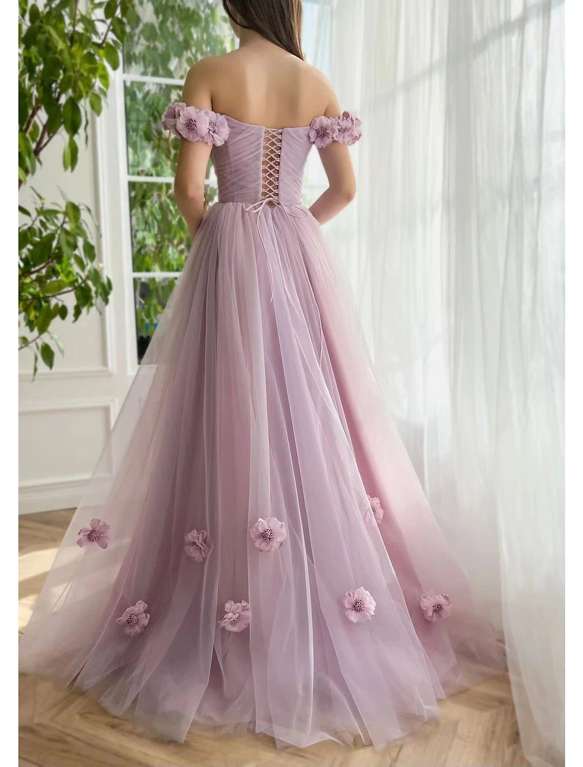 A-Line Evening Gown Empire Dress Wedding Guest Prom Floor Length Short Sleeve Sweetheart Cotton Backless with Slit Appliques Strappy