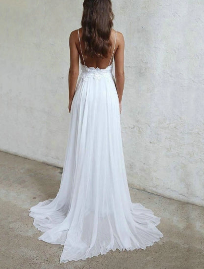 Beach Sexy Boho Wedding Dresses A-Line Sweetheart Camisole Spaghetti Strap Sweep / Brush Train Chiffon Bridal Gowns With Pleats