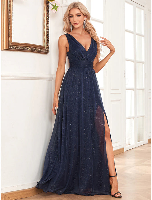 A-Line Evening Gown Empire Dress Party Wear Floor Length Sleeveless V Neck Spandex V Back with Glitter Slit