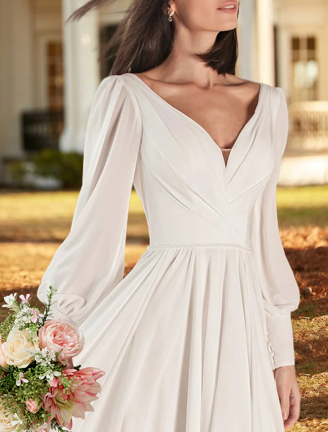 Simple Wedding Dresses A-Line V Neck Long Sleeve Sweep / Brush Train Chiffon Bridal Gowns With Pleats