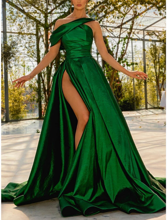 A-Line Evening Gown Elegant Dress Formal Sweep / Brush Train Christmas Red Green Dress Sleeveless One Shoulder Satin with Pleats Ruched Slit