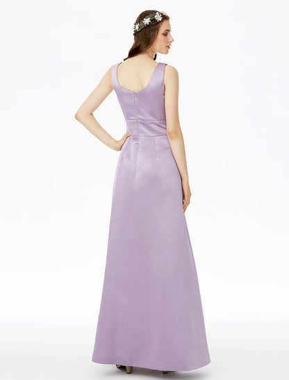 A-Line Bridesmaid Dress Notched Sleeveless Elegant Floor Length Satin with Pleats / Pocket
