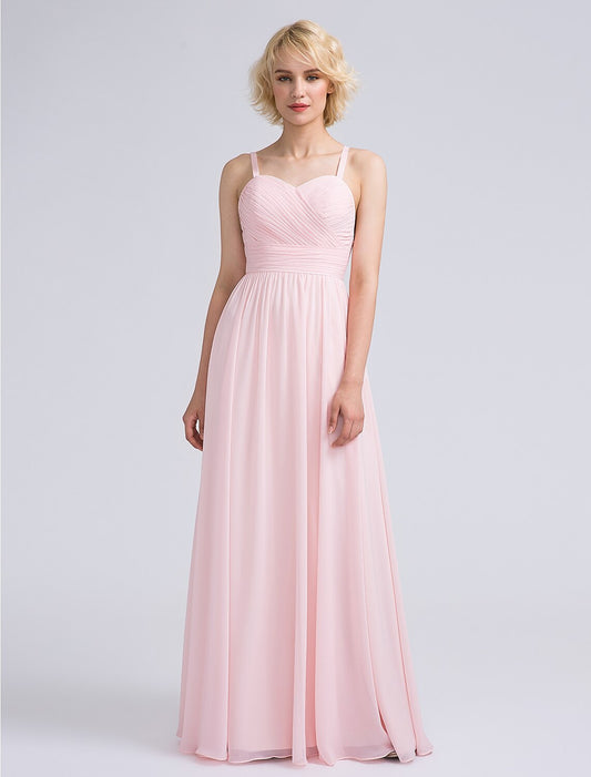 A-Line Bridesmaid Dress Spaghetti Strap Sleeveless Elegant Floor Length Chiffon with Sash / Ribbon / Bow(s) / Criss Cross