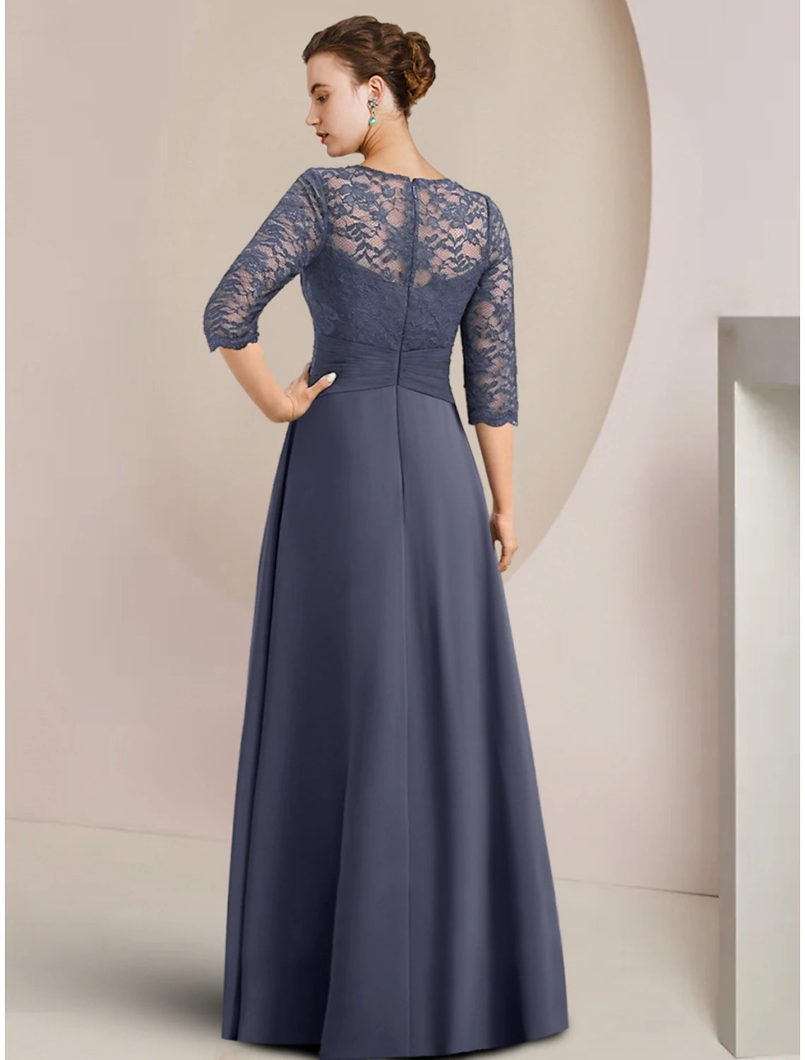 A-Line Mother of the Bride Dress Wedding Guest Elegant Jewel Neck Asymmetrical Chiffon Half Sleeve with Lace Crystal Brooch Ruching