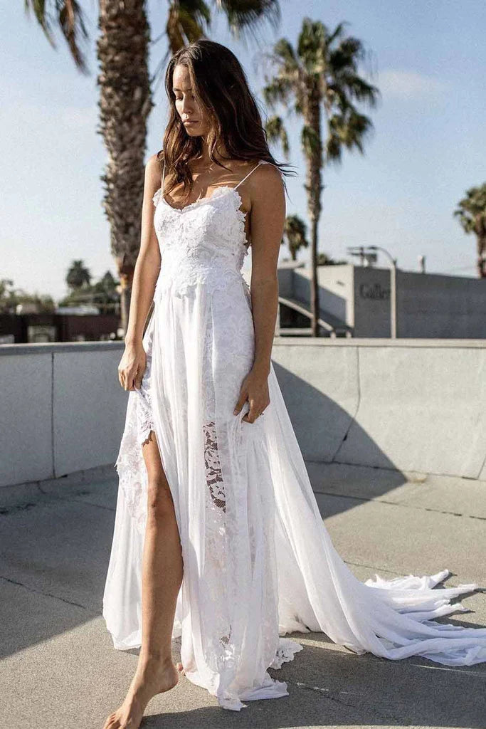A-line Spaghetti Strap White Lace Chiffon Sweetheart Backless Beach Wedding Dresses