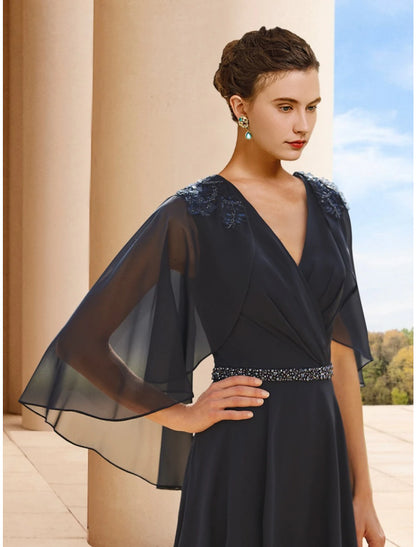 A-Line Mother of the Bride Dress Wedding Guest Elegant Petite V Neck Tea Length Chiffon Half Sleeve with Sequin Ruching
