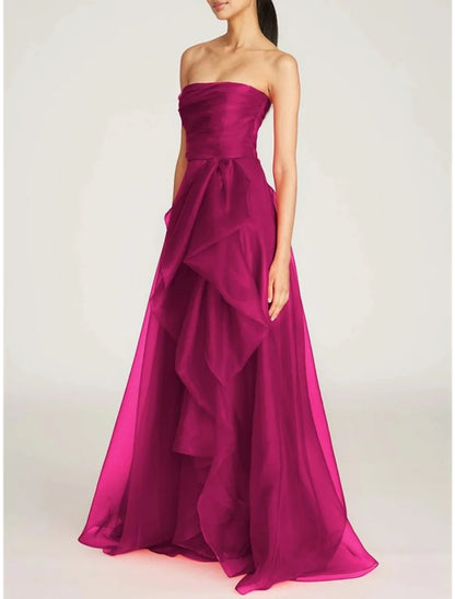 A-Line Evening Gown Elegant Dress Formal Sweep / Brush Train Christmas Red Green Dress Sleeveless Strapless Tulle with Pleats Ruched Ruffles