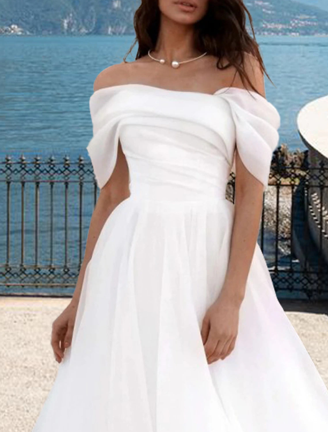 Beach Wedding Dresses A-Line Off Shoulder Cap Sleeve Court Train Organza Bridal Gowns With Pleats Ruched