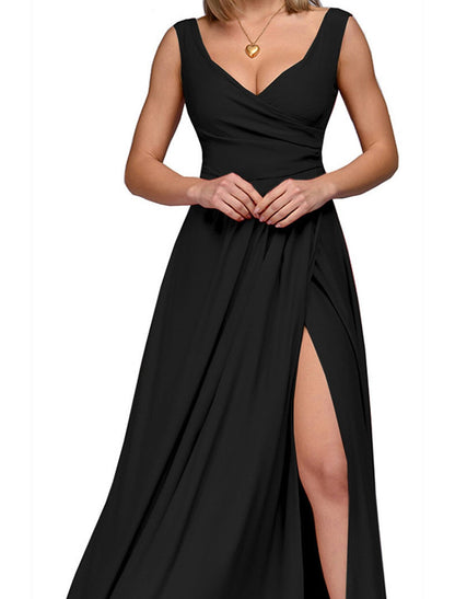 A-Line Bridesmaid Dress V Neck Sleeveless Elegant Floor Length Spandex with Split Front / Ruching