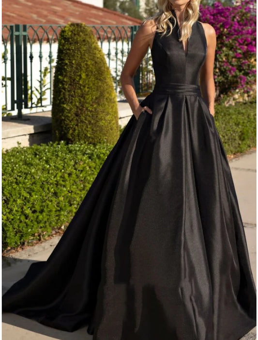 A-Line Evening Gown Party Dress Elegant Dress Formal Fall Sweep / Brush Train Sleeveless V Neck Satin with Pleats