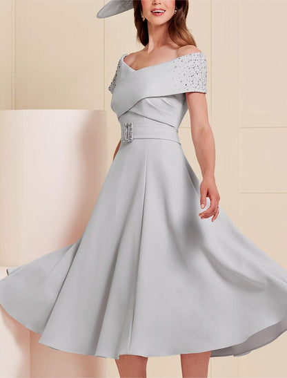 A-Line Mother of the Bride Dress Wedding Guest Elegant Off Shoulder Tea Length Stretch Fabric Short Sleeve with Sash / Ribbon Beading Solid Color