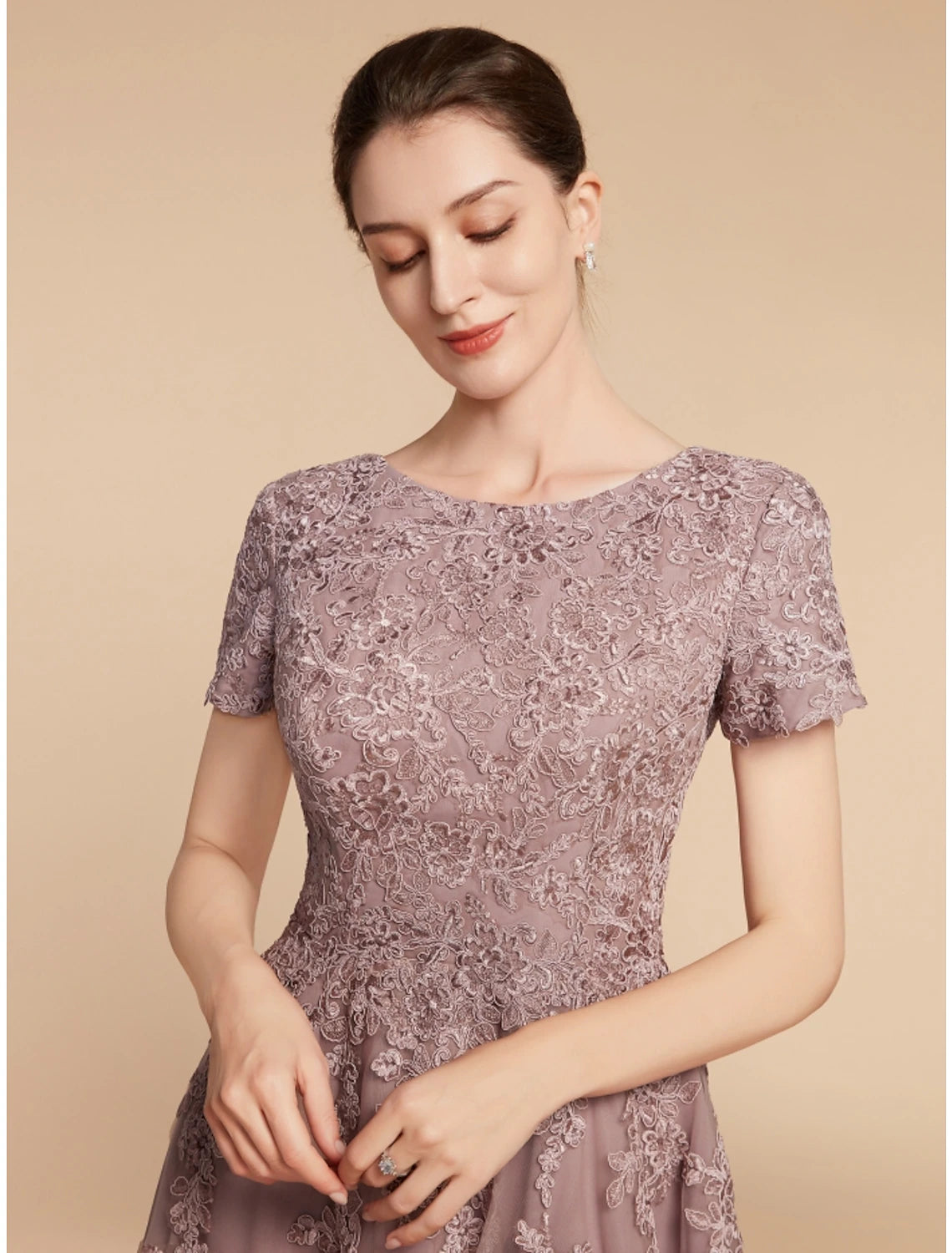 A-Line Mother of the Bride Dress Wedding Guest Elegant Petite Jewel Neck Tea Length Lace Tulle Short Sleeve with Ruching Flower