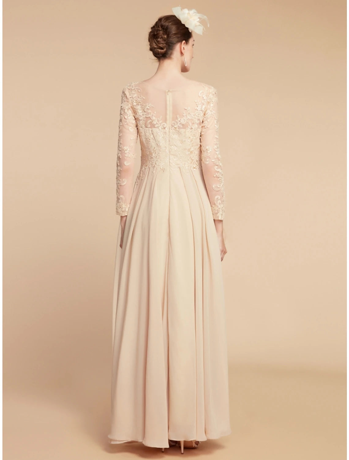 A-Line Mother of the Bride Dress Wedding Guest Elegant Jewel Neck Ankle Length Chiffon Lace Long Sleeve with Ruching Solid Color
