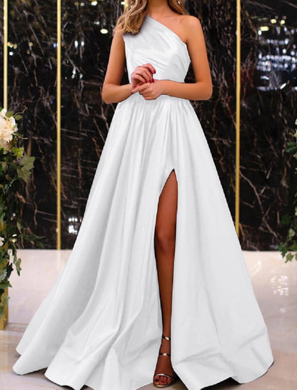 A-Line Evening Gown Elegant Dress Wedding Guest Engagement Floor Length Sleeveless One Shoulder Satin with Pleats Slit