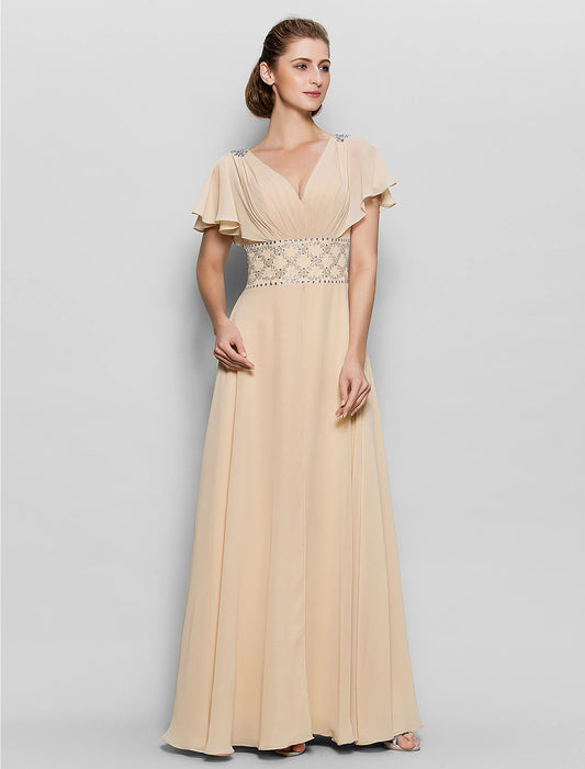 A-Line Mother of the Bride Dress Beautiful Back V Neck Floor Length Chiffon Short Sleeve No with Criss Cross Beading
