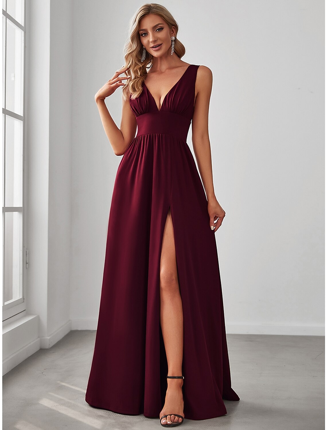 A-Line Prom Party Dress High Split Dress Wedding Guest Formal Evening Floor Length Sleeveless V Neck Bridesmaid Dress Chiffon V Back with Slit Pure Color