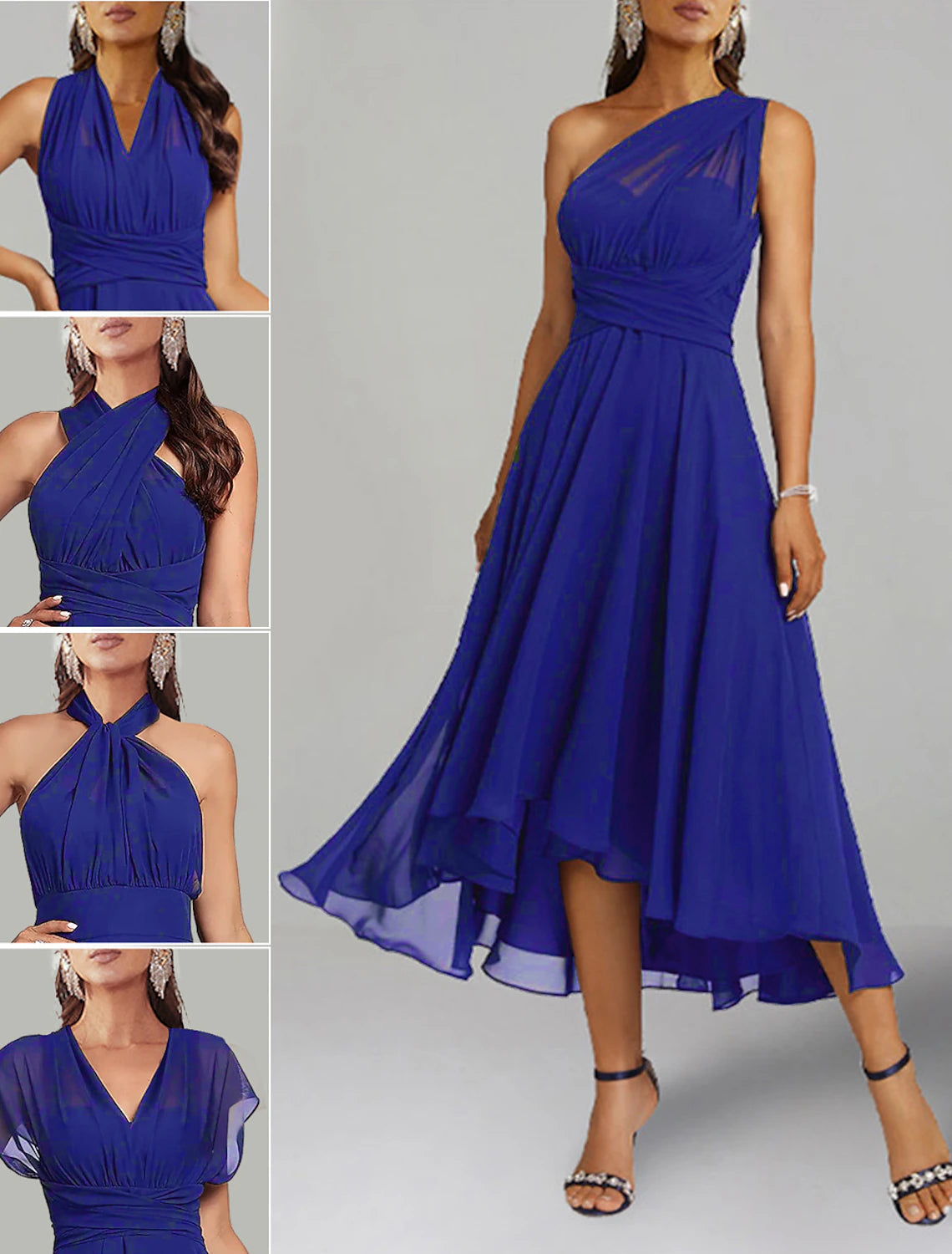 A-Line Blue Wedding Guest Dresses Convertible Infinity Mother Of The Bride Dress Formal Tea Length Sleeveless One Shoulder Chiffon with Ruched