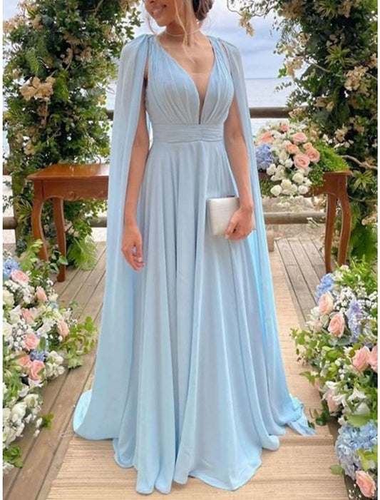 Sheath / Column Mother of the Bride Dress Wedding Guest Party Elegant V Neck Court Train Chiffon Sleeveless with Pleats Fall