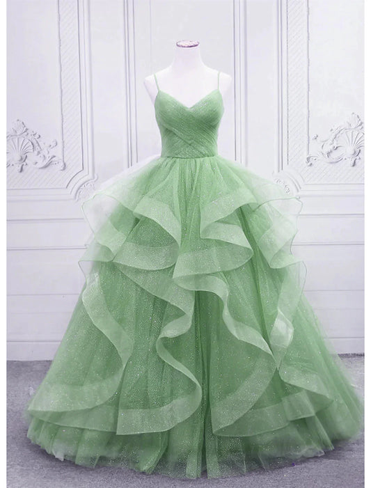 Ball Gown Prom Dresses Glittering Dress Formal Floor Length Sleeveless V Neck Tulle with Glitter Ruffles