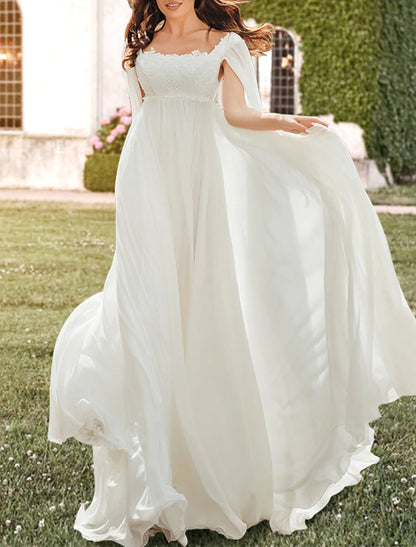 Hall Casual Wedding Dresses A-Line Square Neck Sleeveless Sweep / Brush Train Chiffon Bridal Gowns With Pleats Appliques