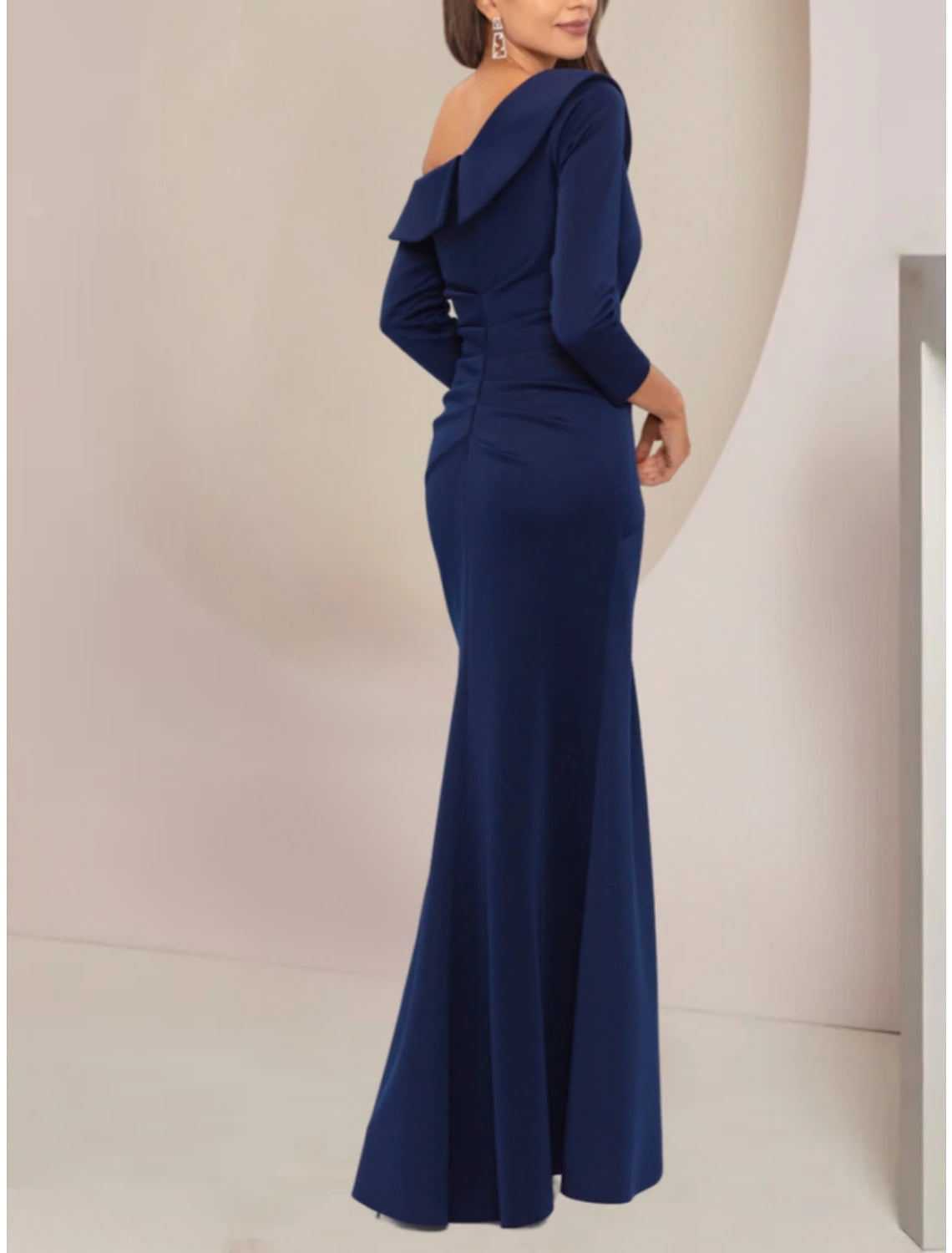 A-Line Mother of the Bride Dress Wedding Guest Party Elegant Off Shoulder Floor Length Stretch Fabric Long Sleeve with Ruffles Ruching Solid Color
