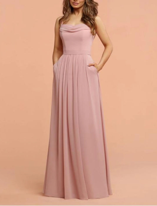 A-Line Bridesmaid Dress Straps / Sweetheart / Spaghetti Strap Sleeveless Elegant Floor Length Chiffon / Shantung with Pleats / Ruffles / Draping