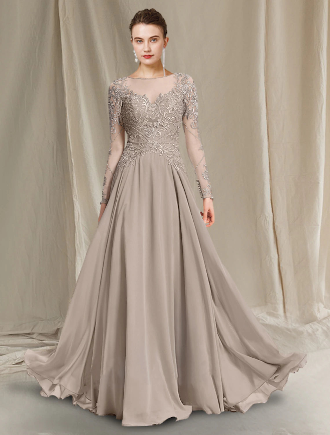 A-Line Mother of the Bride Dress Luxurious Elegant Jewel Neck Floor Le ...