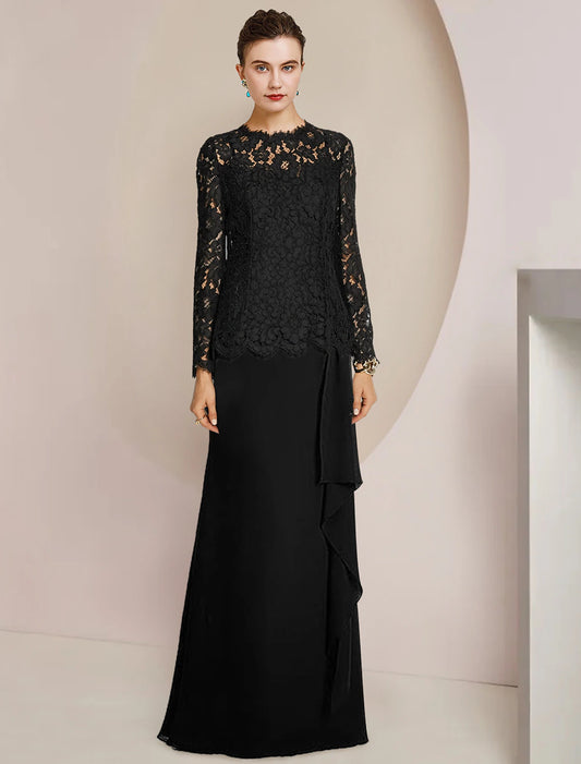 A-Line Mother of the Bride Dress Formal Wedding Guest Vintage Elegant Scoop Neck Floor Length Chiffon Lace Long Sleeve with Ruching