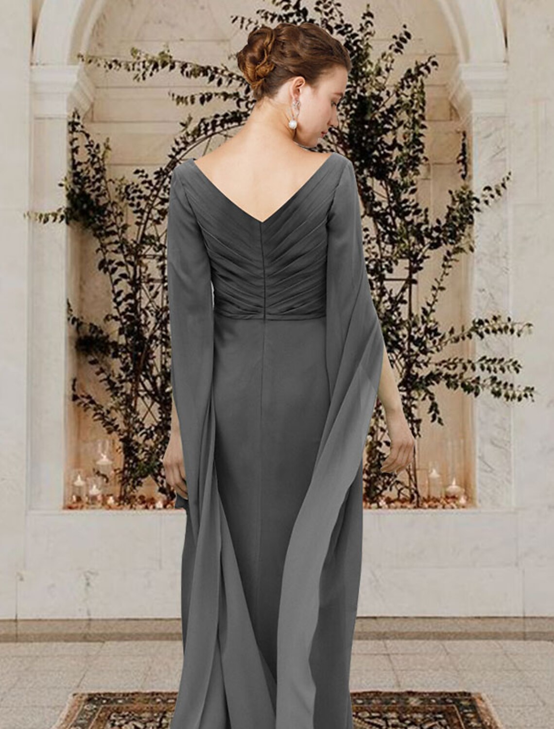 Sheath / Column Mother of the Bride Dress Elegant V Neck Floor Length Chiffon Half Sleeve with Beading Side-Draped