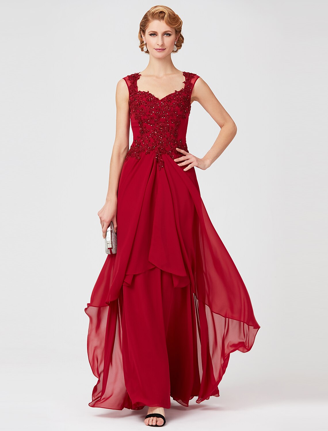 A-Line Queen Anne Floor Length Chiffon / Beaded Lace Mother of the Bride Dress with Beading / Sequin / Lace/ Illusion Sleeve