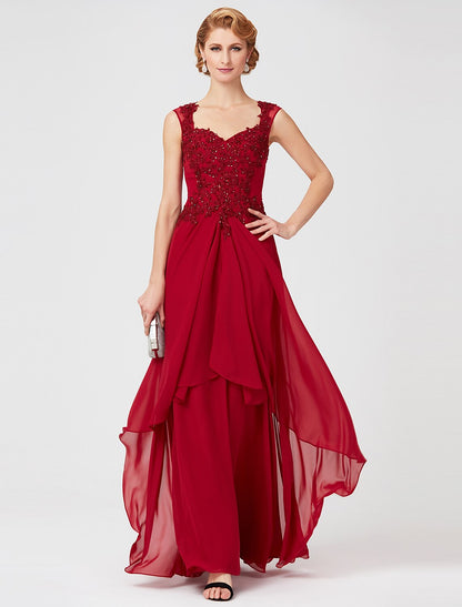 A-Line Queen Anne Floor Length Chiffon / Beaded Lace Mother of the Bride Dress with Beading / Sequin / Lace/ Illusion Sleeve