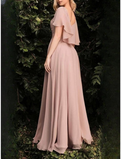 Sheath / Column Wedding Guest Dresses Elegant Dress Wedding Guest Floor Length Short Sleeve Jewel Neck Bridesmaid Dress Chiffon with Pleats Ruffles