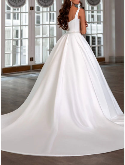 Reception Formal Wedding Dresses A-Line Square Neck Sleeveless Court Train Satin Bridal Gowns With Pleats Beading
