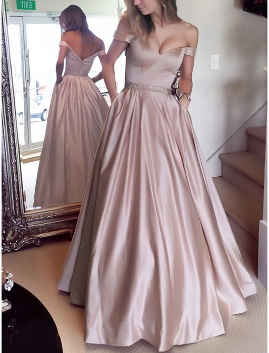 Ball Gown Evening Gown Elegant Dress Formal Floor Length Sleeveless Off Shoulder Satin with Pleats Crystals