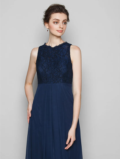 Sheath / Column Bridesmaid Dress Jewel Neck Sleeveless Elegant Floor Length Chiffon / Lace with Lace