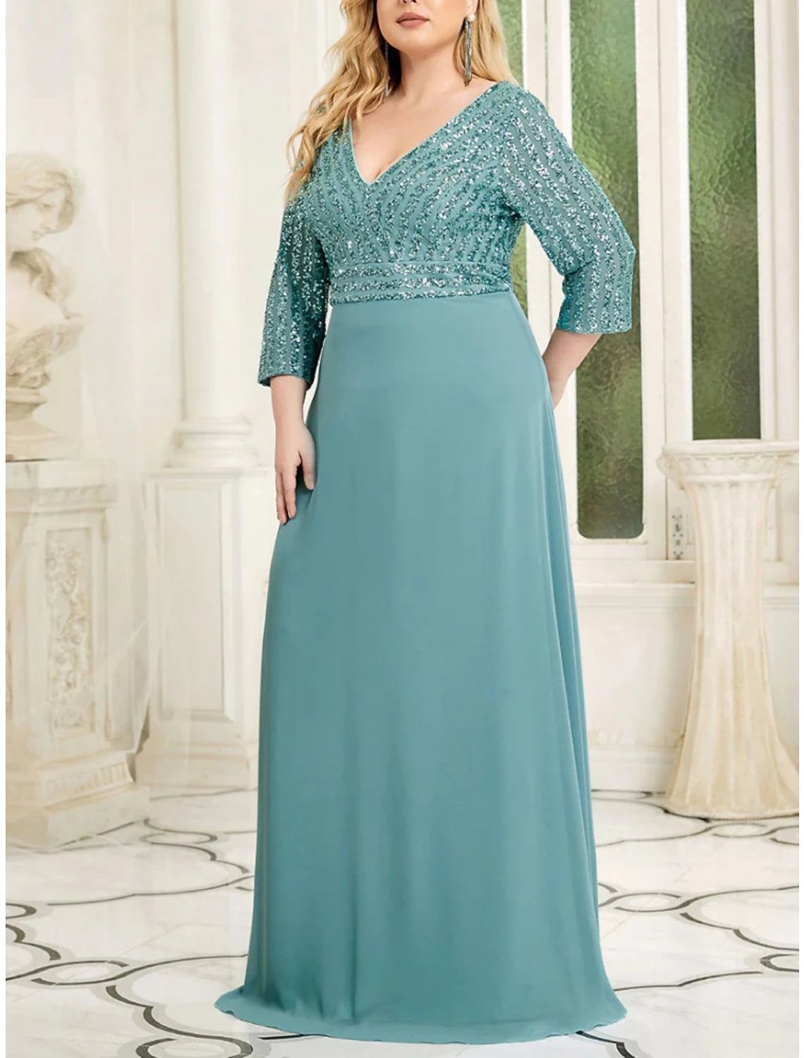 A-Line Plus Size Curve Mother of the Bride Dress Wedding Guest Sparkle & Shine Elegant V Neck Floor Length Chiffon Sequined 3/4 Length Sleeve with Pleats Sequin Solid Color