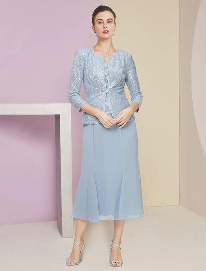 Two Piece A-Line Mother of the Bride Dress Wedding Guest Winter With Jacket 3/4 Sleeve Scoop Neck Tea Length Chiffon Sequined Pleats Sequin Solid Color Sparkle & Shine Petite