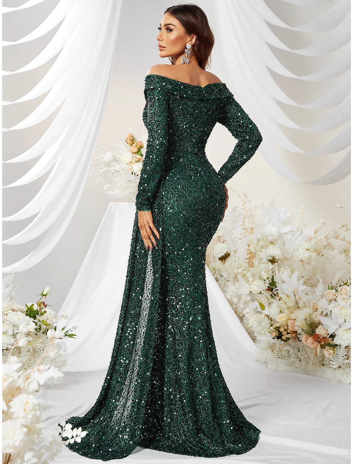 Mermaid / Trumpet Evening Party Dress Sparkle & Shine Dress Formal Sweep / Brush Train Long Sleeve Off Shoulder Polyester with Sequin