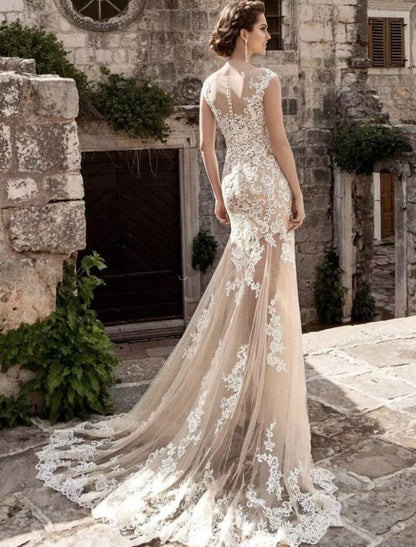 Engagement Formal Wedding Dresses Mermaid / Trumpet Illusion Neck Cap Sleeve Court Train Lace Bridal Gowns With Appliques