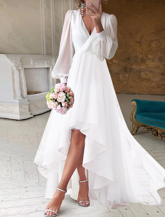 Bridal Shower Wedding Dresses Little White Dresses Simple A-Line V Neck Long Sleeve Asymmetrical Chiffon Bridal Gowns With Solid Color Summer Wedding Party