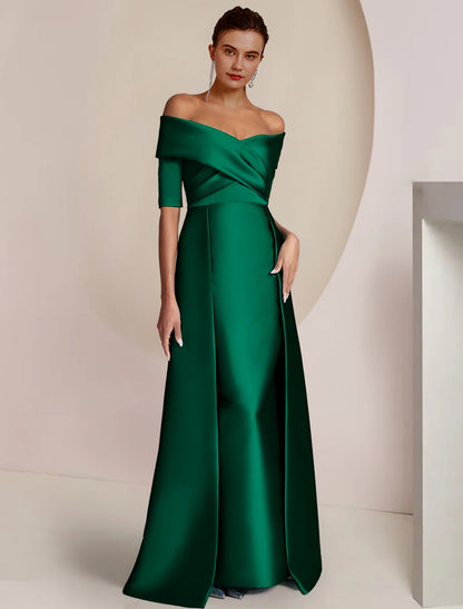 Sheath / Column Mother of the Bride Dress Formal Wedding Guest Party Elegant Formal Party Satin Half Sleeve Off Shoulder Floor Length with Overskirts Ruching