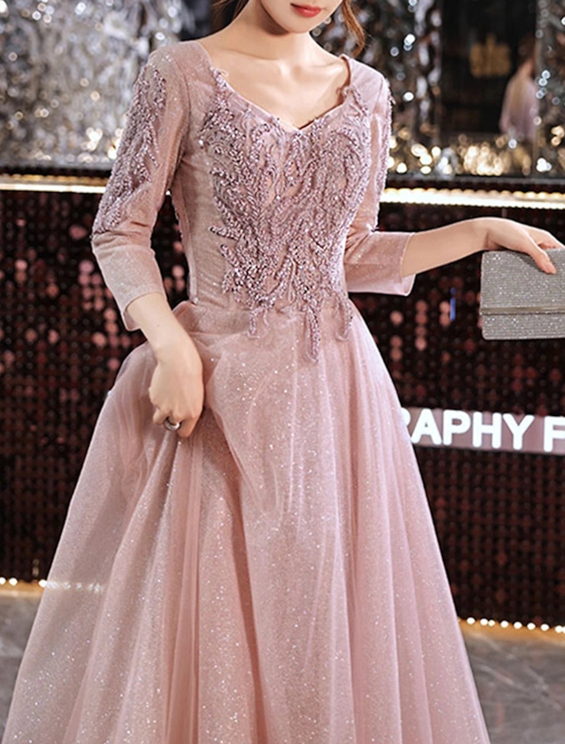 A-Line Prom Dresses Elegant Dress Wedding Guest Prom Floor Length 3/4 Length Sleeve V Neck Lace with Appliques