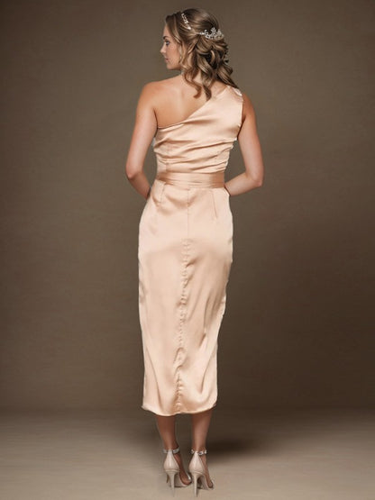 Sheath/cylindrical  woven satin pleated one shoulder tea long off the shoulder bridesmaid dress