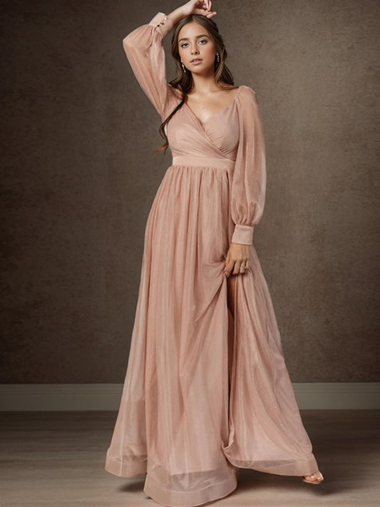 A-shaped princess pleated V-neck long sleeved and floor length bridesmaid dress